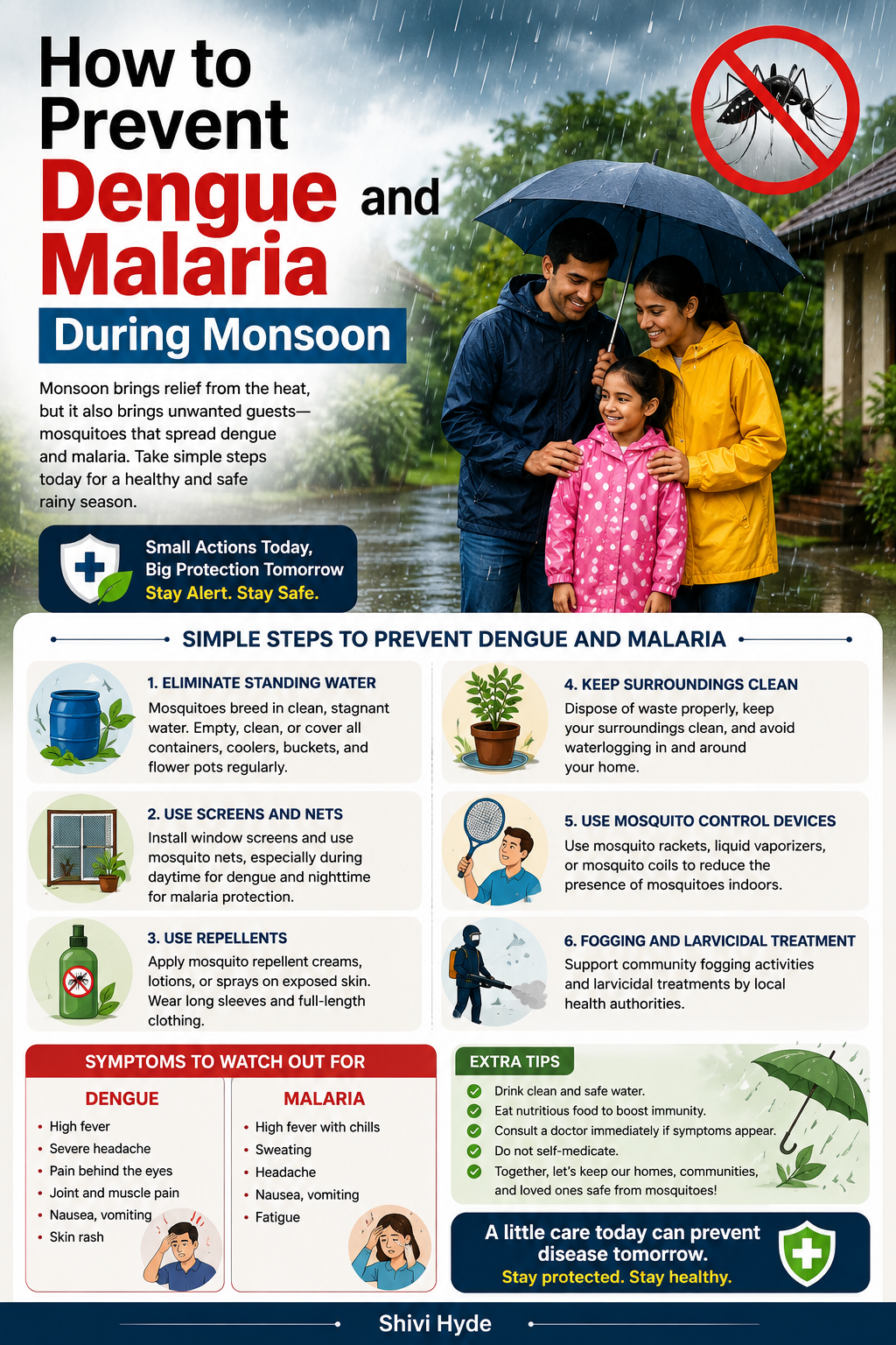 Family following dengue and malaria prevention measures during the monsoon season